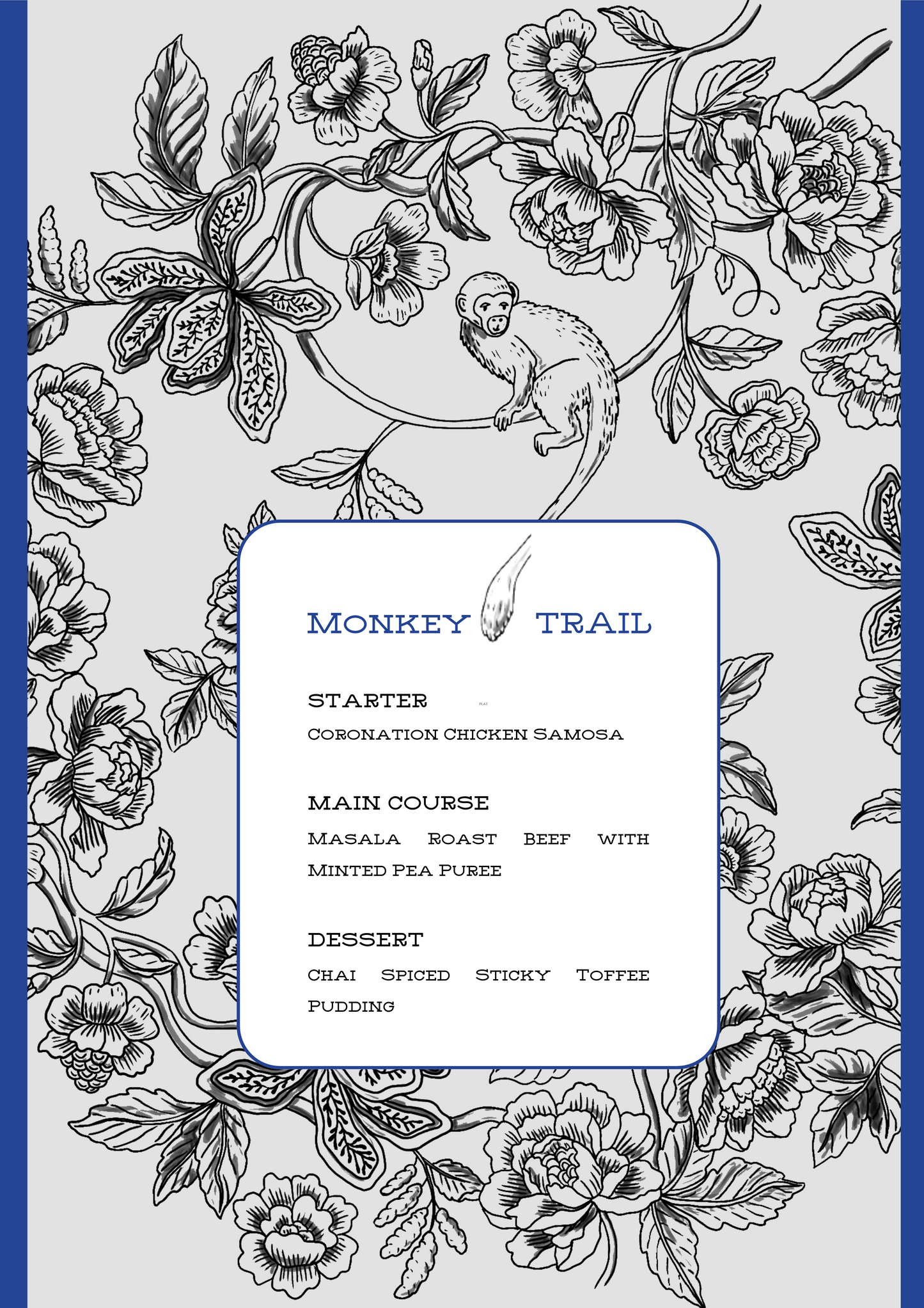 PRINTED MENU: Monkey Trail - Blue & Grey - Set of 6