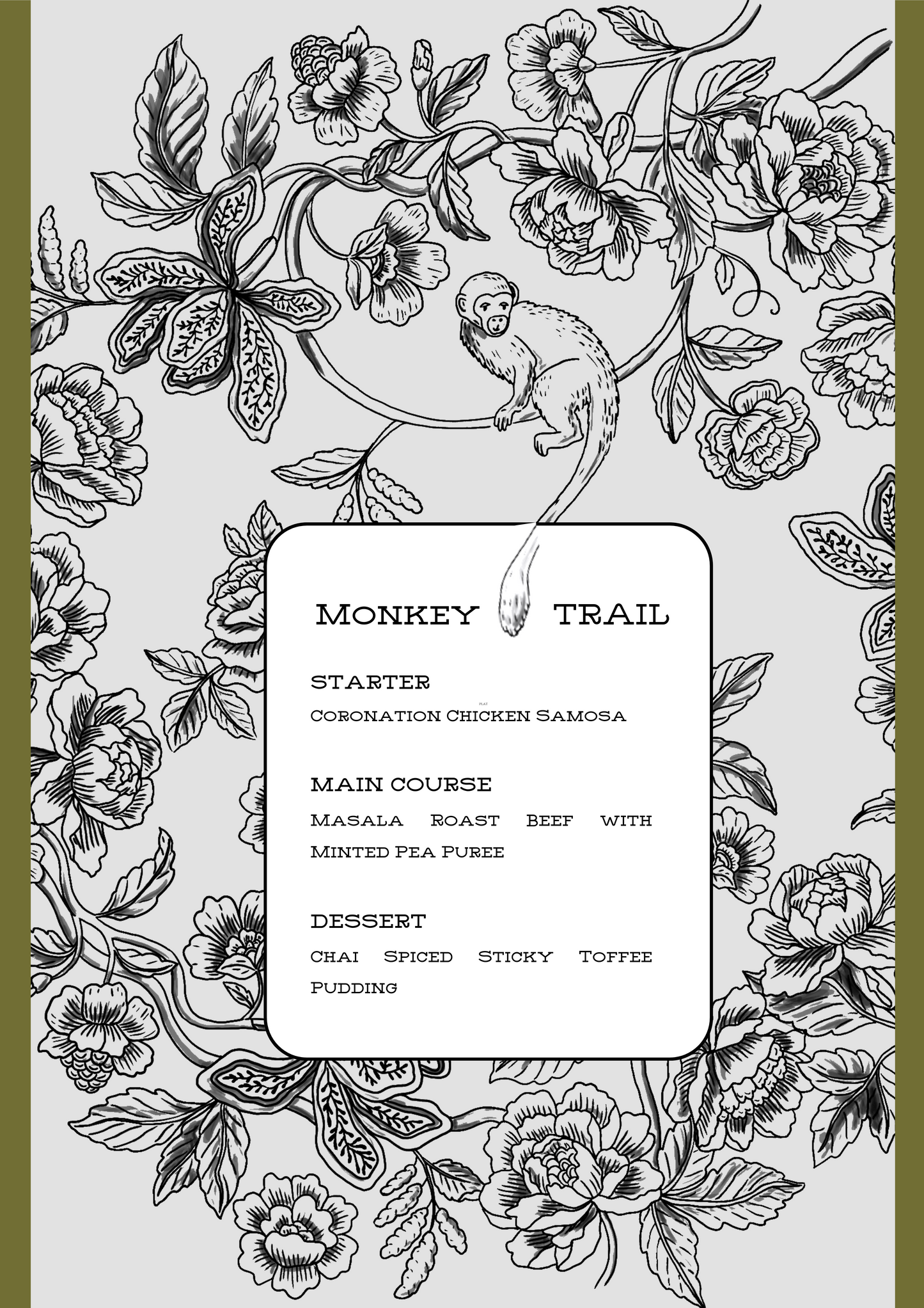 PRINTED MENU: Monkey Trail - Green & Grey - Set of 6