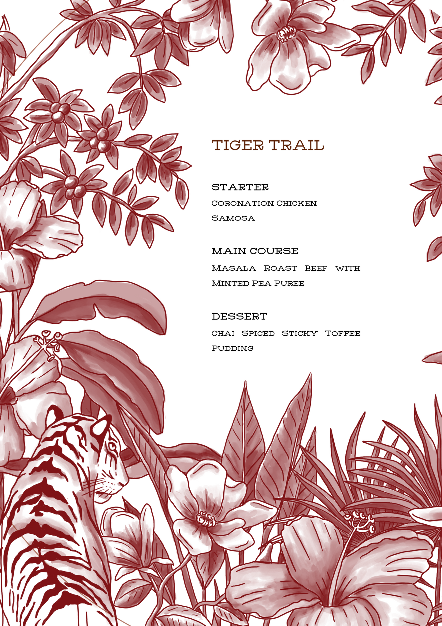 PRINTED MENU: Tiger Trail - Burgundy - Set of 6