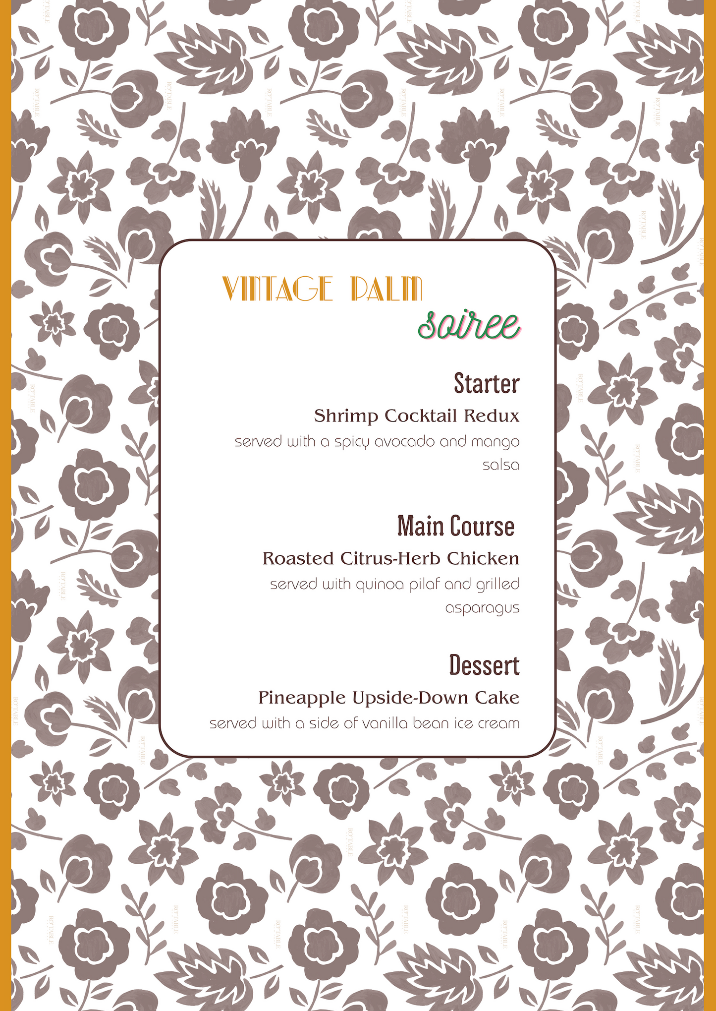 PRINTED MENU: Vintage Palm Soiree - Mustard & Brown - Set of 6
