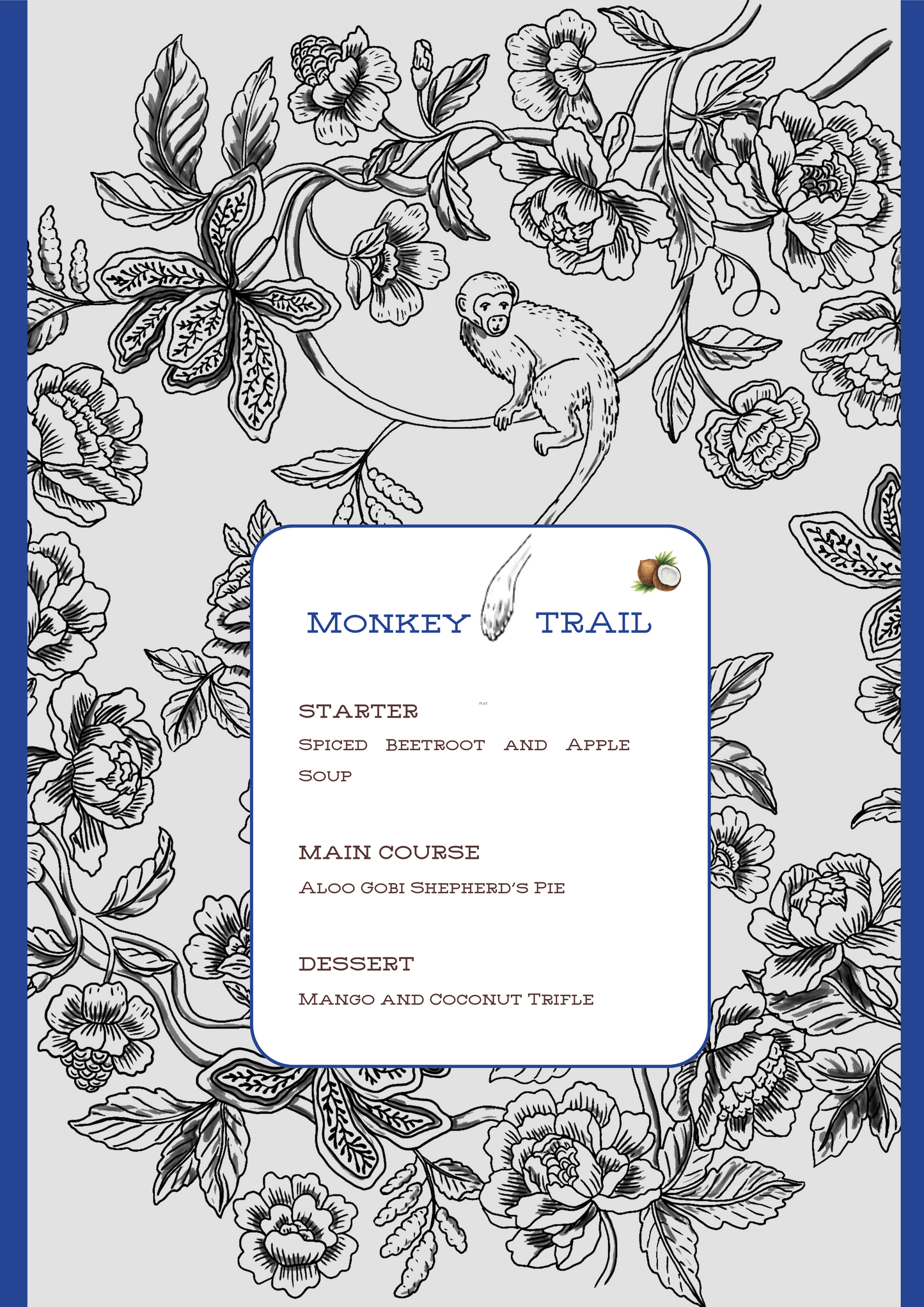 PRINTED MENU: Monkey Trail - Blue & Grey - Set of 6