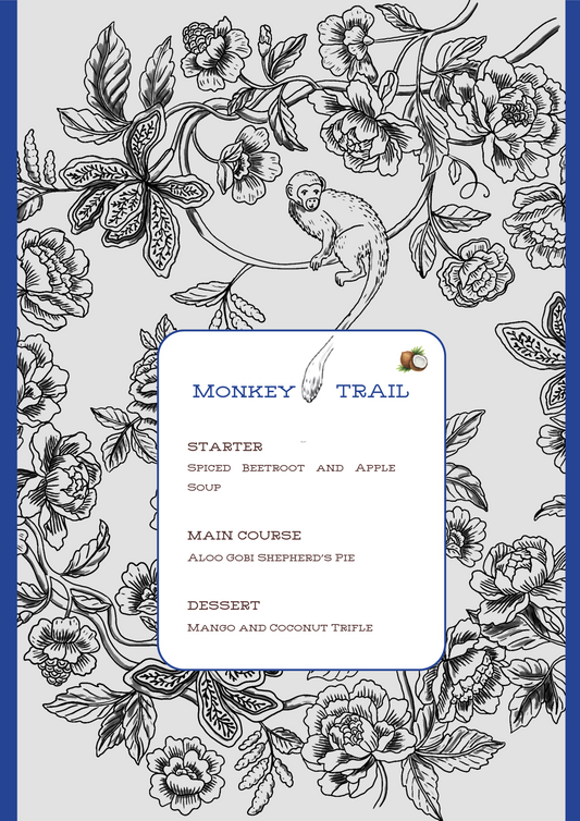 PRINTED MENU: Monkey Trail - Blue & Grey - Set of 6