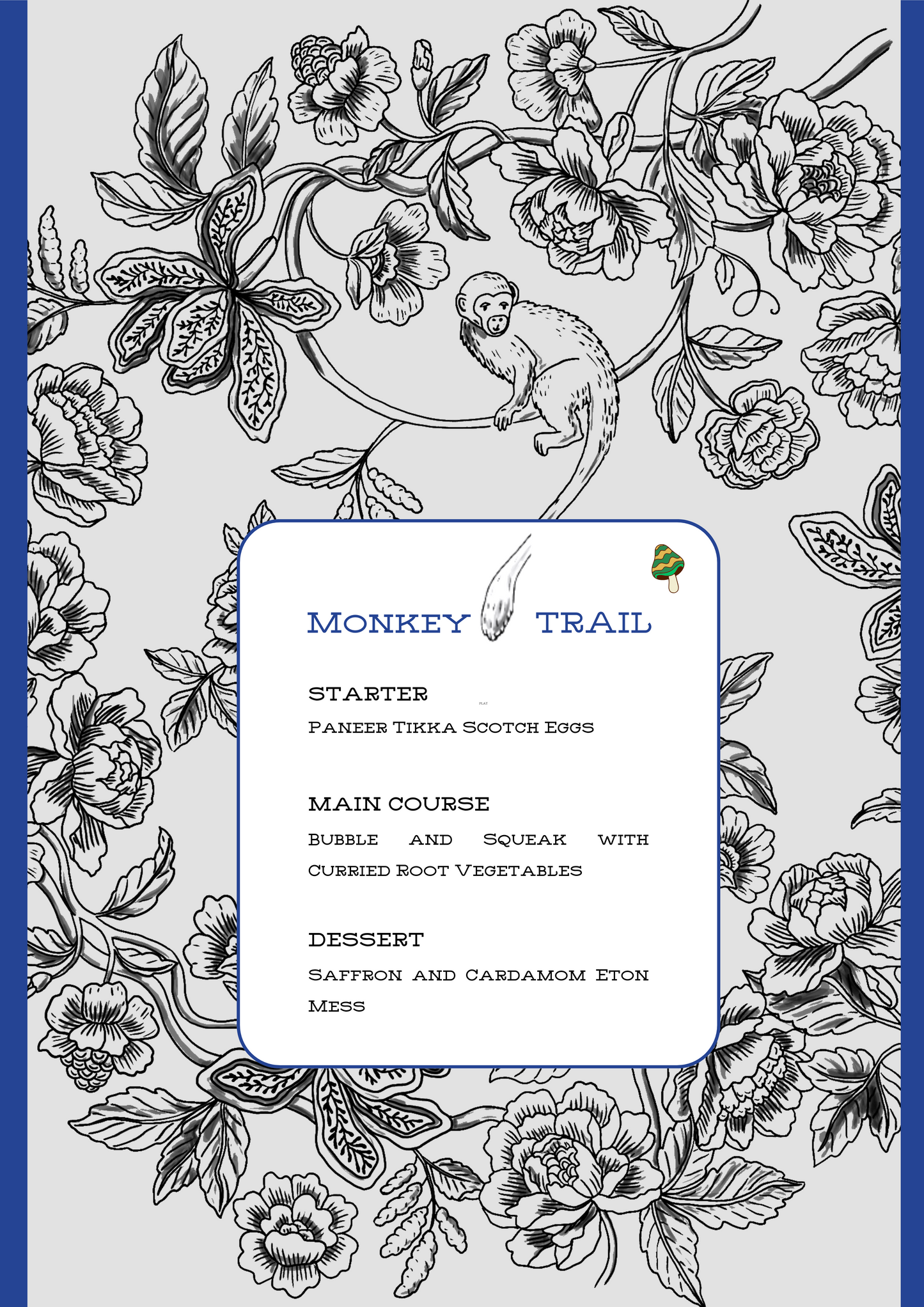 PRINTED MENU: Monkey Trail - Blue & Grey - Set of 6
