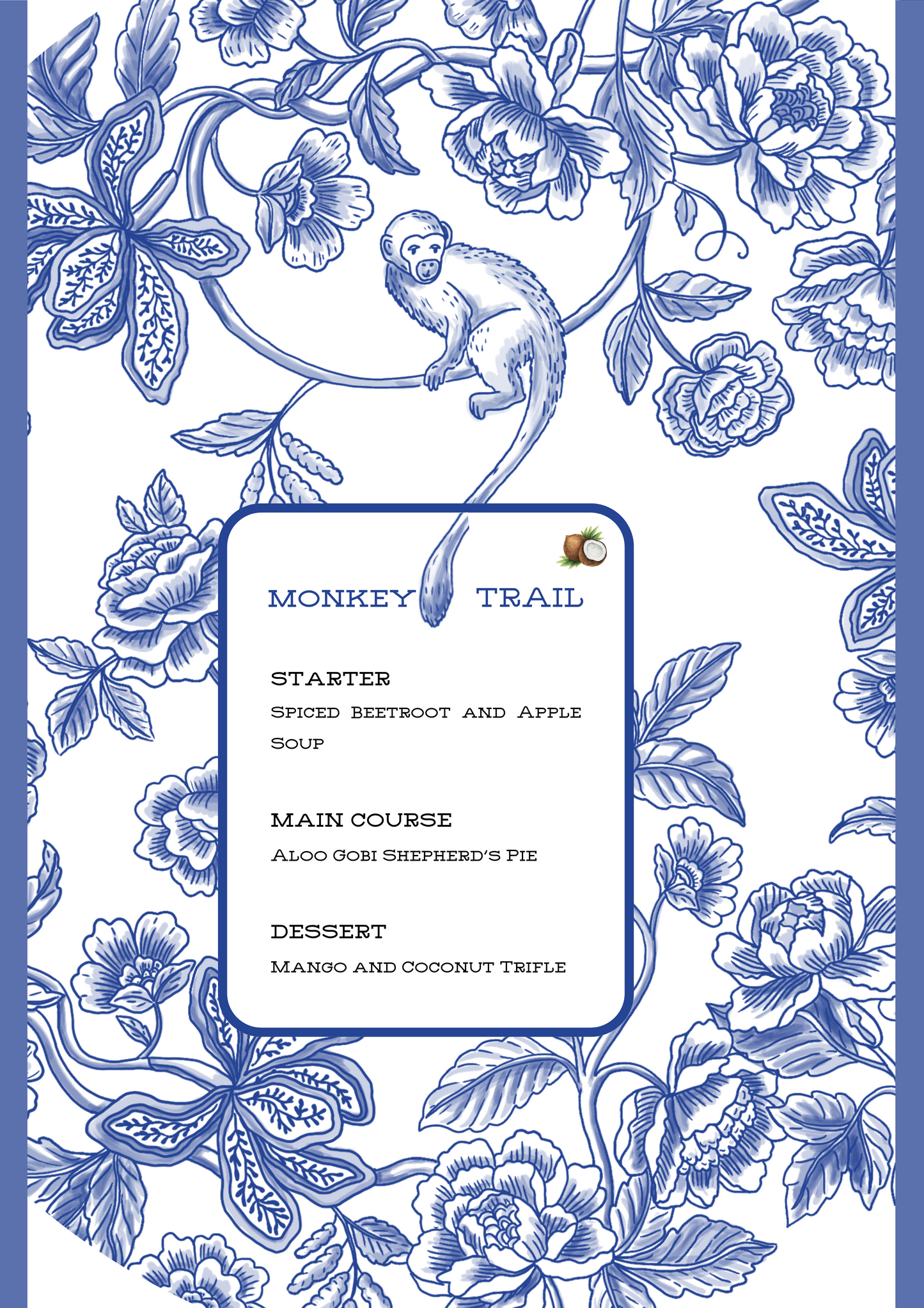 PRINTED MENU: Monkey Trail - Blue on Blue - Set of 6