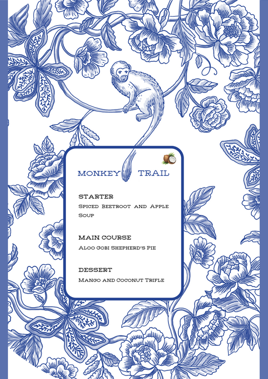 PRINTED MENU: Monkey Trail - Blue on Blue - Set of 6