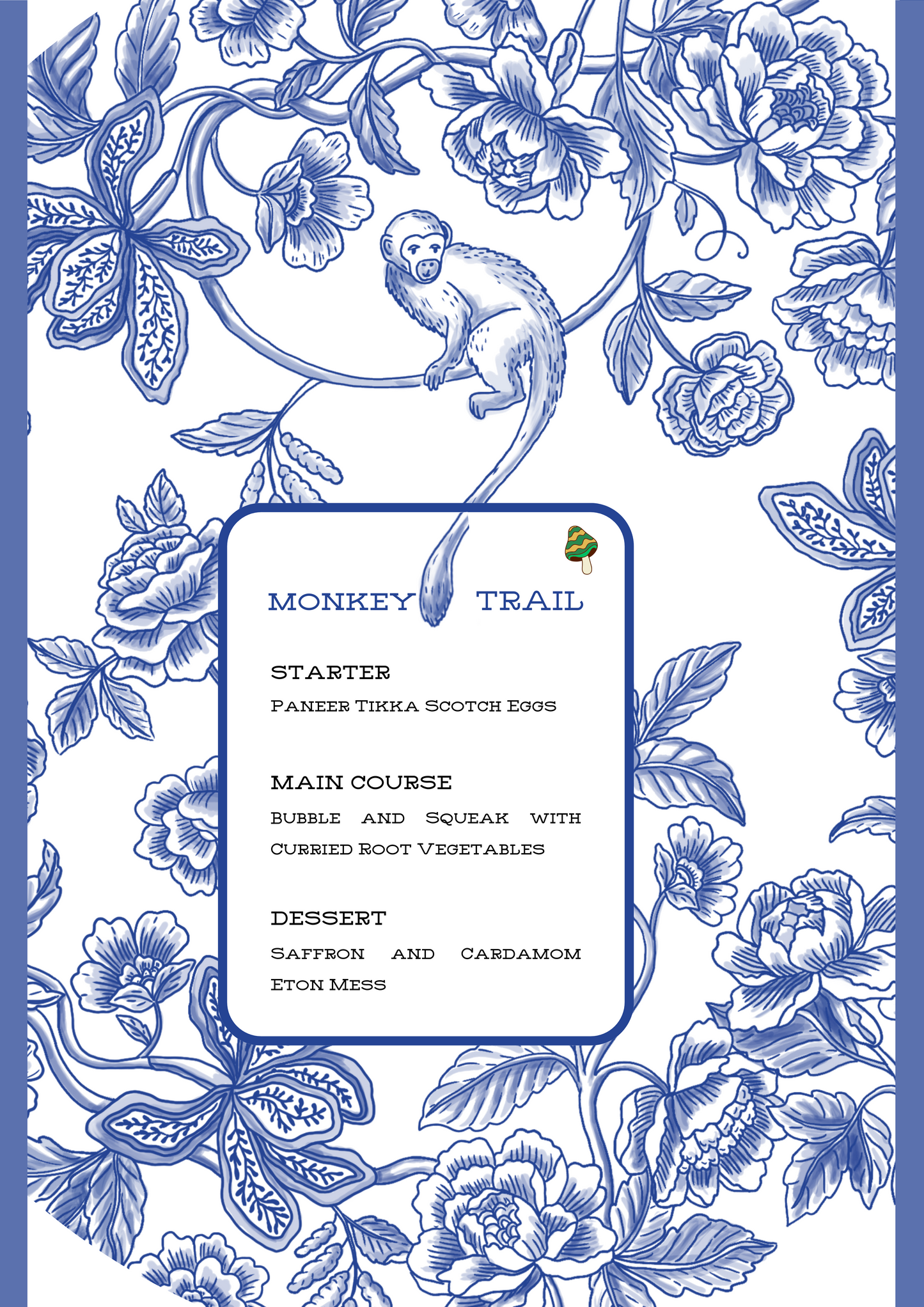 PRINTED MENU: Monkey Trail - Blue on Blue - Set of 6
