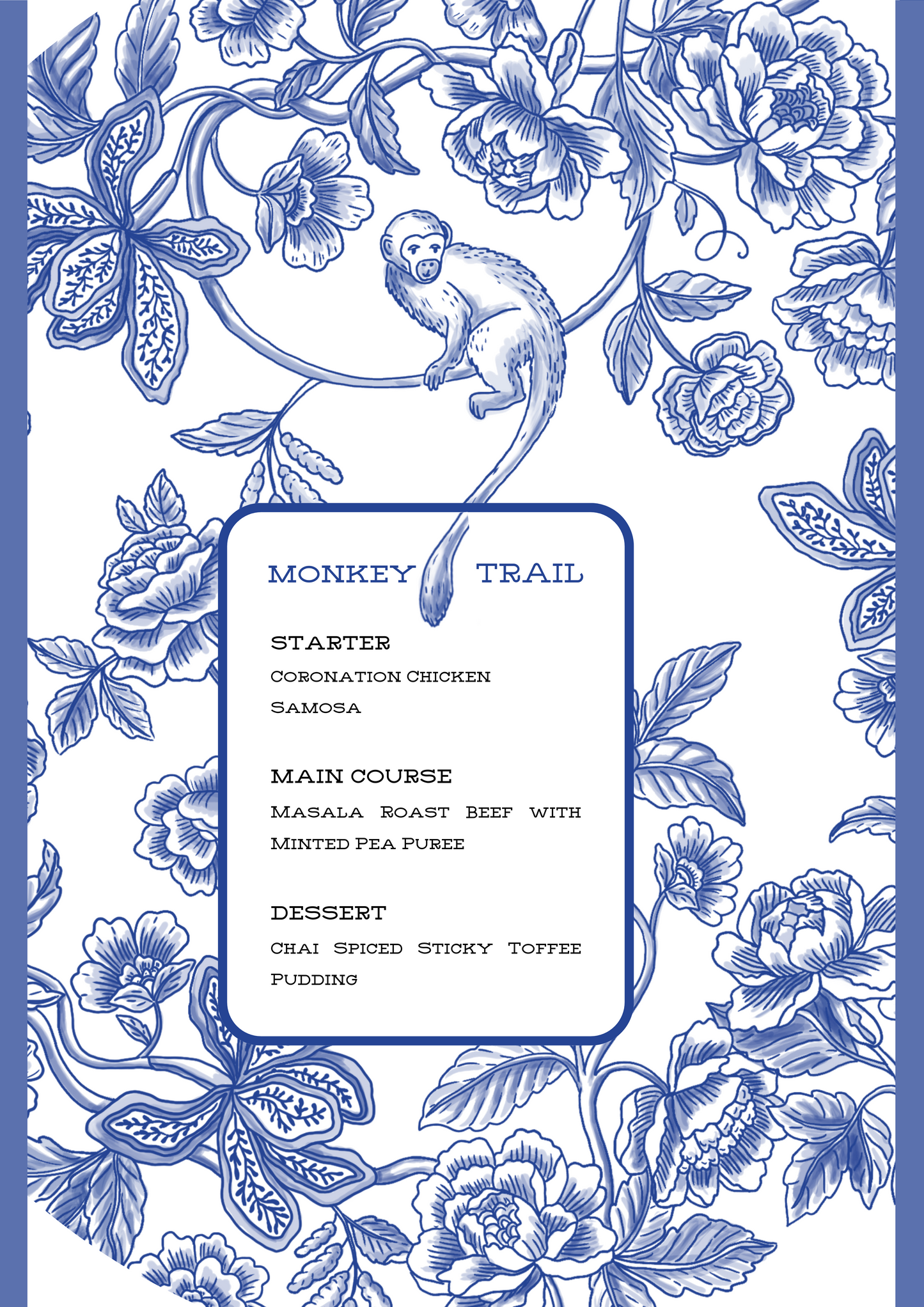 PRINTED MENU: Monkey Trail - Blue on Blue - Set of 6