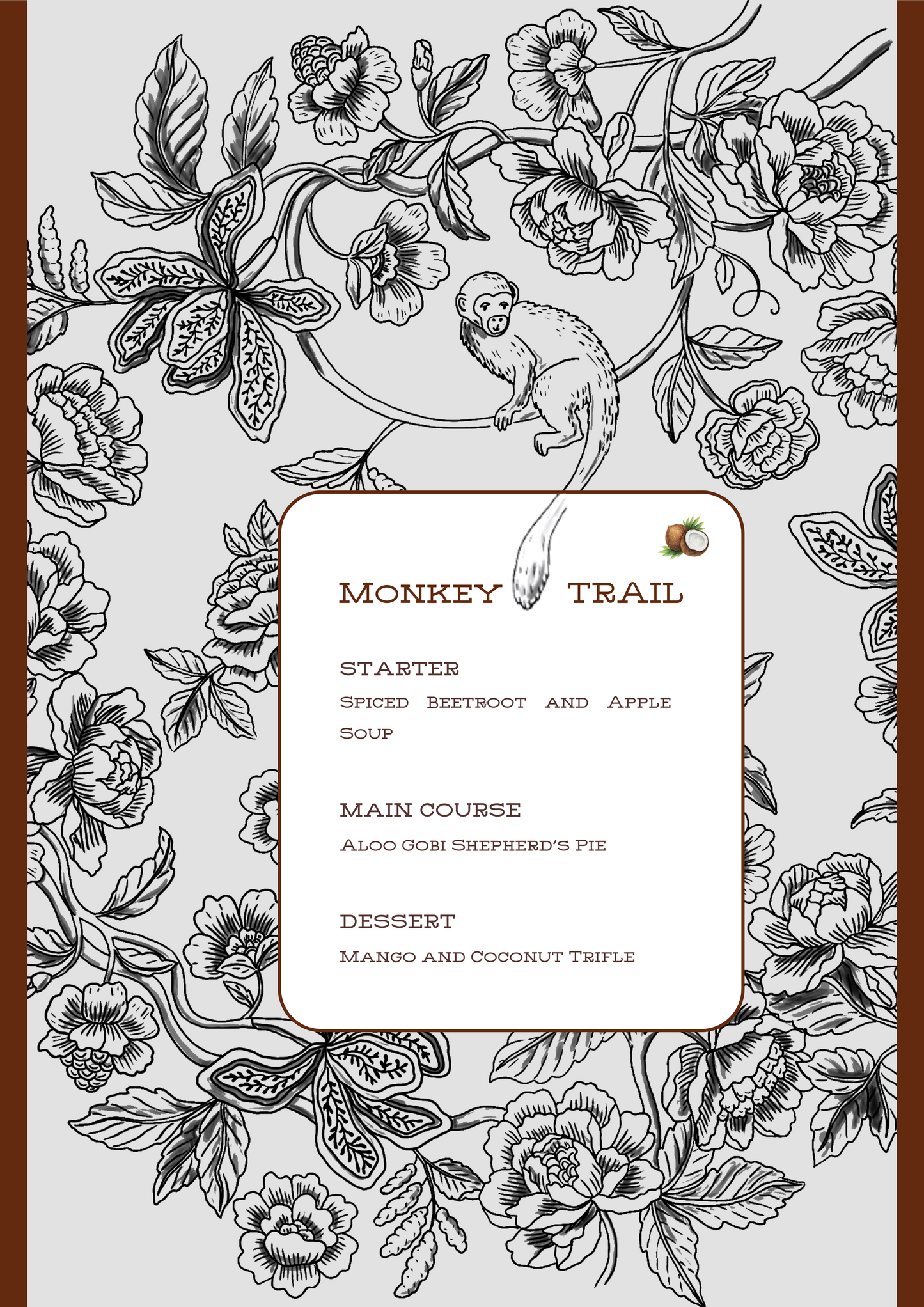 PRINTED MENU: Monkey Trail - Burgundy & Grey - Set of 6