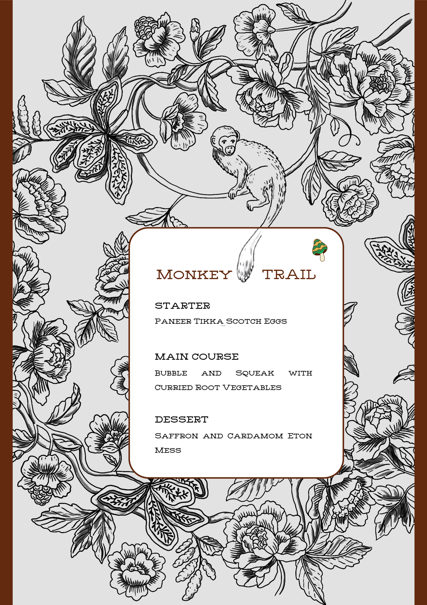 PRINTED MENU: Monkey Trail - Burgundy & Grey - Set of 6