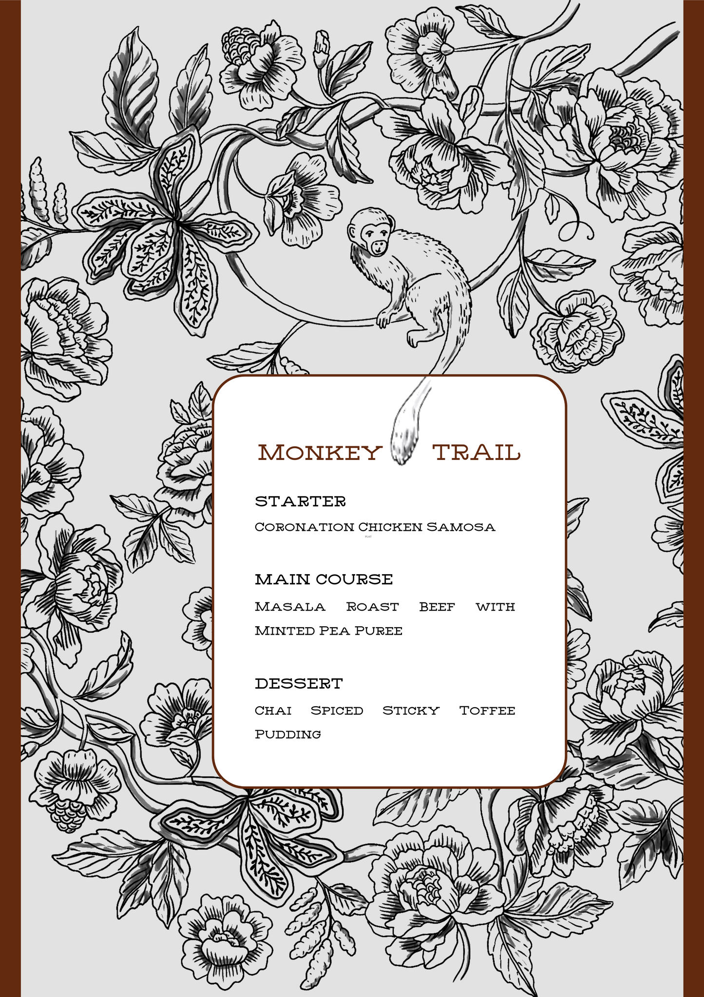 PRINTED MENU: Monkey Trail - Burgundy & Grey - Set of 6
