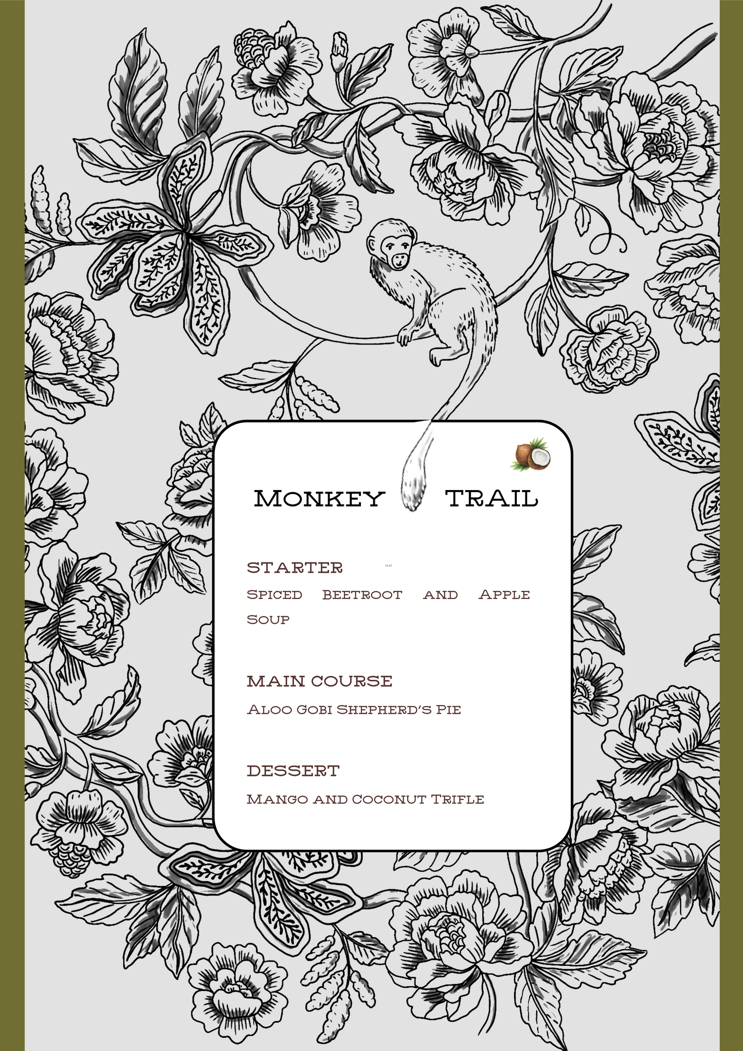 PRINTED MENU: Monkey Trail - Green & Grey - Set of 6
