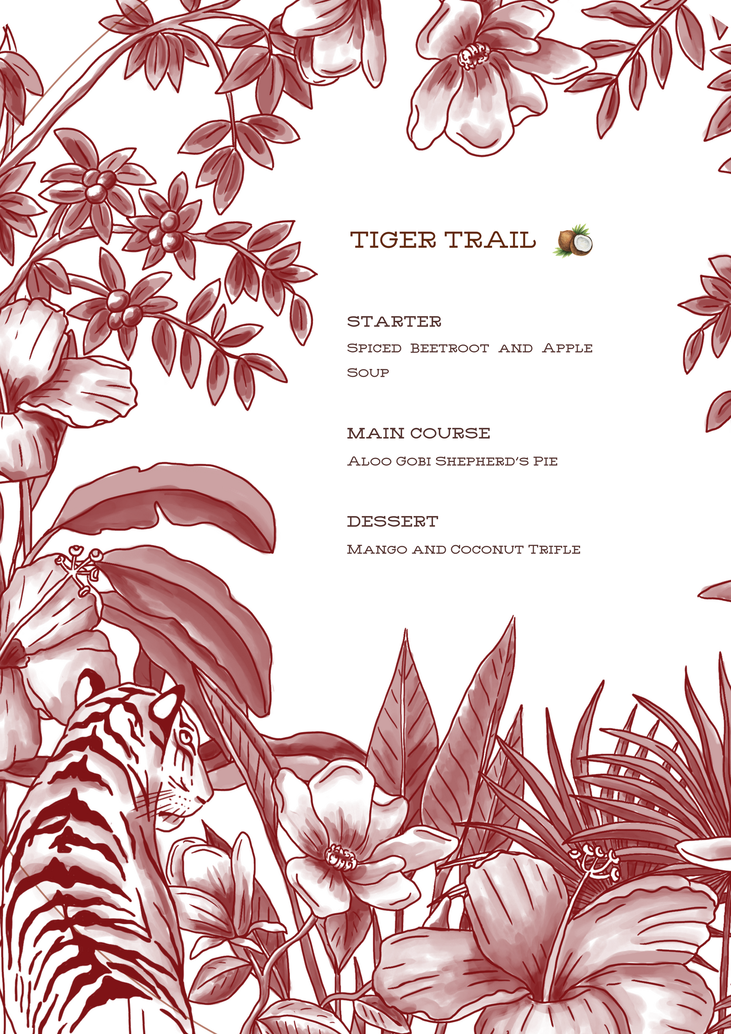PRINTED MENU: Tiger Trail - Burgundy - Set of 6