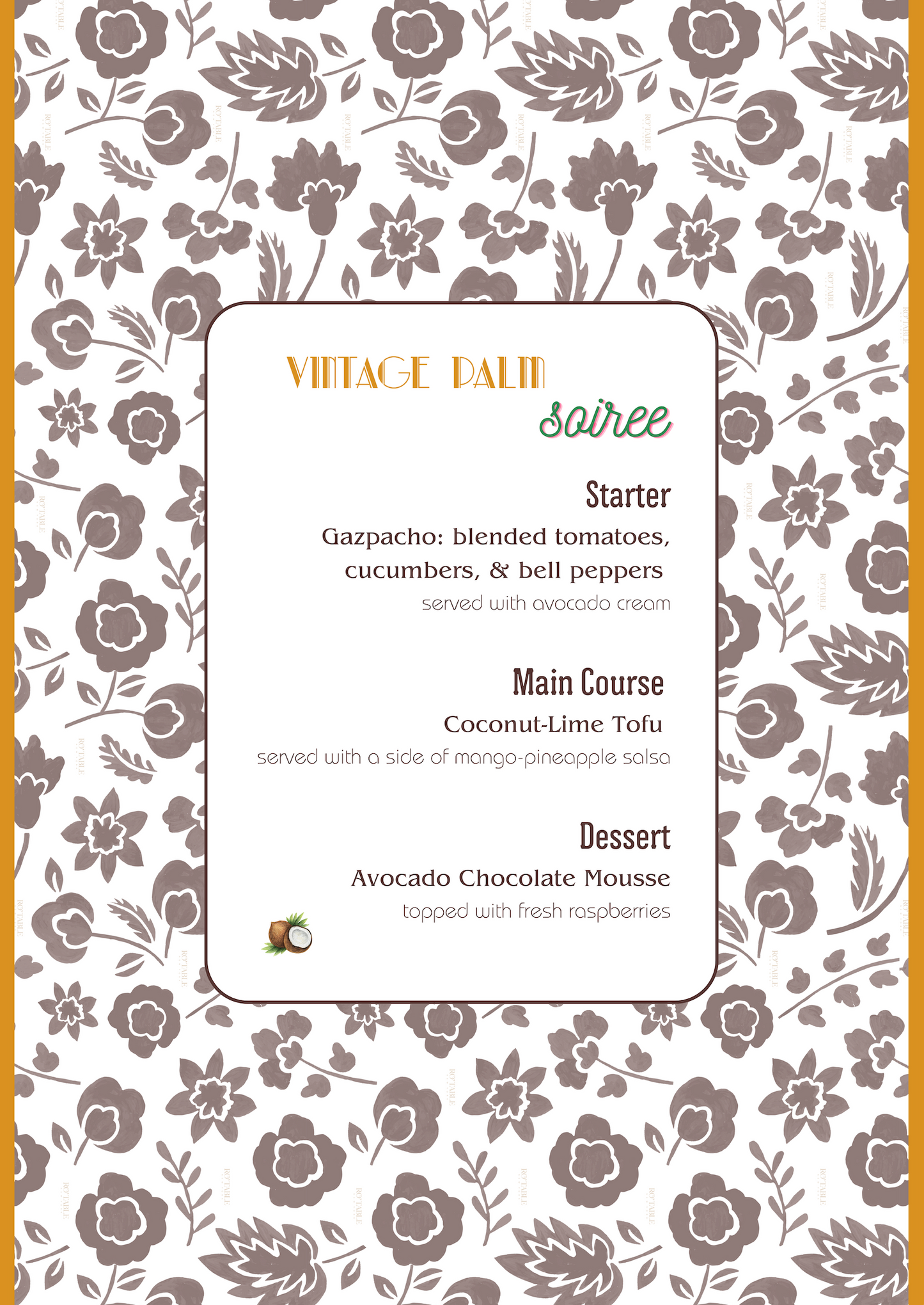 PRINTED MENU: Vintage Palm Soiree - Mustard & Brown - Set of 6